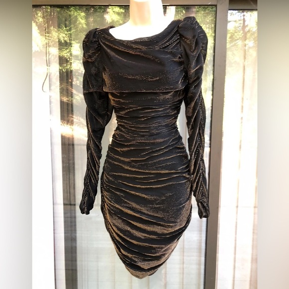 Scarlett Dresses & Skirts - Vintage 80s Scarlett Ruched Black Gold Metallic Mini Dress Long Sleeve Size 5/6